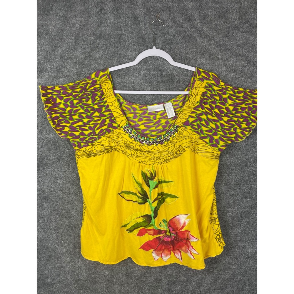 Soft Surroundings Floral Beaded Top Womens XL Yellow Excellent‎ Flutter Sleeve